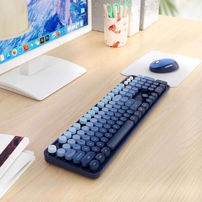 Nowlike Wireless Keyboard and Mouse Combo, Retro Typewriter Keyboard with Round Keycaps, Full-Size Ergonomic, Blue, Ideal for Windows PC, Home, Office, and College, Wireless Keyboard Mouse Combo - Image 8