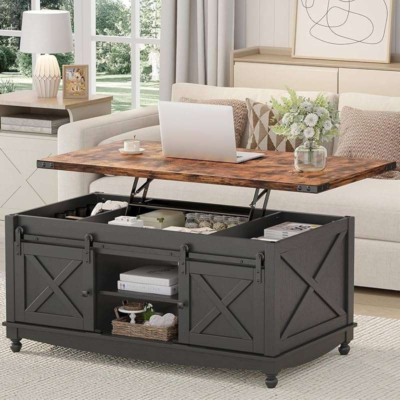 ALLSTAND 48" Farmhouse Lift Top Coffee Table with Storage Sliding Barn Door & Large Hidden Compartment, Coffee Table with Lifting Top with Wooden Lift Tabletop, Coffee Tables for Living Room, Black - Image 1
