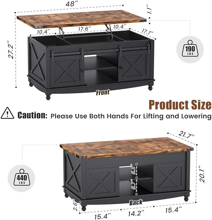 ALLSTAND 48" Farmhouse Lift Top Coffee Table with Storage Sliding Barn Door & Large Hidden Compartment, Coffee Table with Lifting Top with Wooden Lift Tabletop, Coffee Tables for Living Room, Black - Image 2