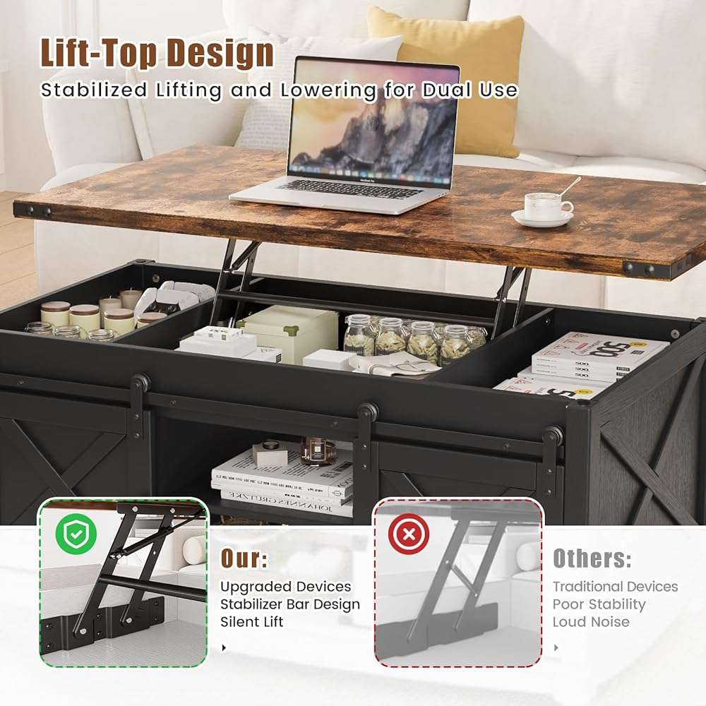 ALLSTAND 48" Farmhouse Lift Top Coffee Table with Storage Sliding Barn Door & Large Hidden Compartment, Coffee Table with Lifting Top with Wooden Lift Tabletop, Coffee Tables for Living Room, Black - Image 4