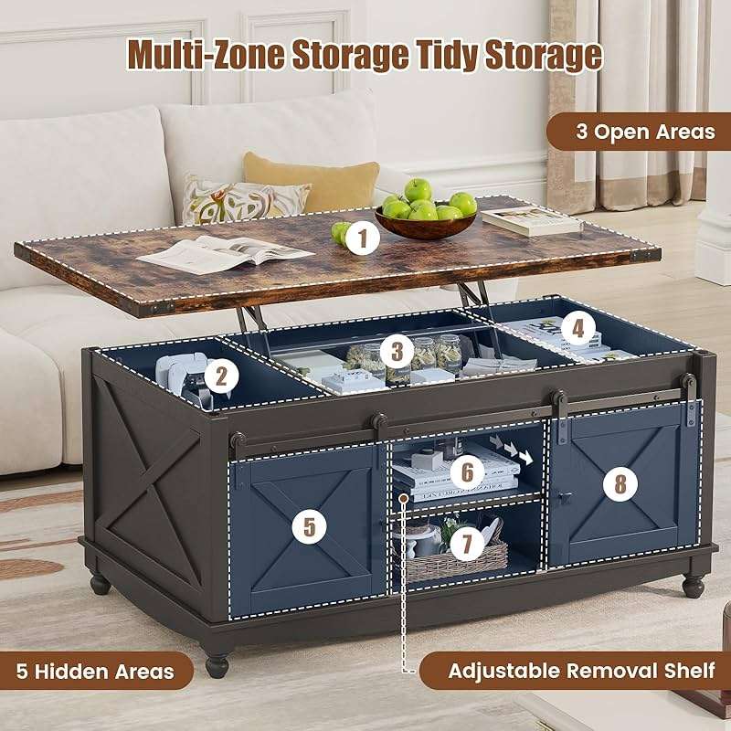 ALLSTAND 48" Farmhouse Lift Top Coffee Table with Storage Sliding Barn Door & Large Hidden Compartment, Coffee Table with Lifting Top with Wooden Lift Tabletop, Coffee Tables for Living Room, Black - Image 5