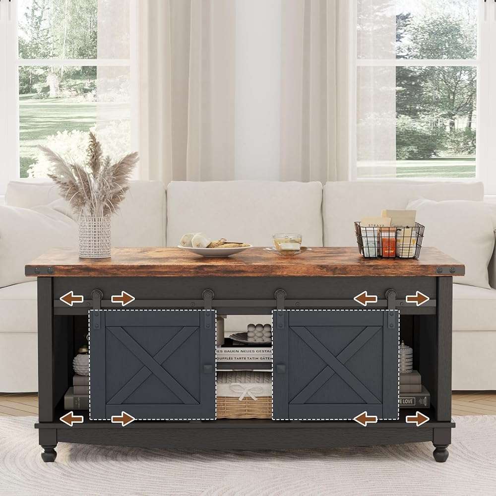 ALLSTAND 48" Farmhouse Lift Top Coffee Table with Storage Sliding Barn Door & Large Hidden Compartment, Coffee Table with Lifting Top with Wooden Lift Tabletop, Coffee Tables for Living Room, Black - Image 6