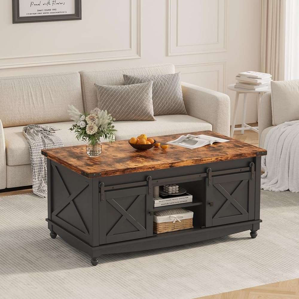 ALLSTAND 48" Farmhouse Lift Top Coffee Table with Storage Sliding Barn Door & Large Hidden Compartment, Coffee Table with Lifting Top with Wooden Lift Tabletop, Coffee Tables for Living Room, Black - Image 7