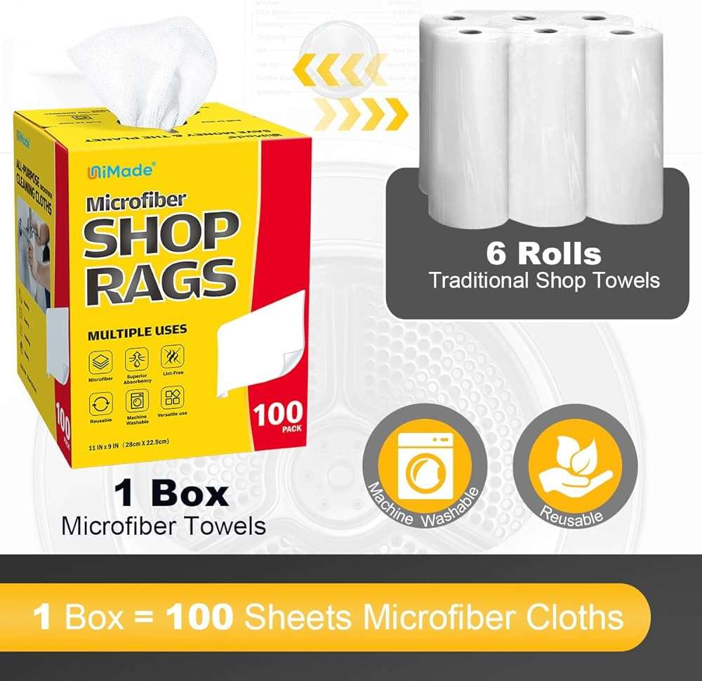 UNIMADE Shop Rags, 100 Sheets Microfiber Cleaning Cloth Commercial Grade Washcloths Lint-Free Bulk Shops Towels for Cars Mechanic Restaurant Garage Housekeeping, 11"x 9", White - Image 2