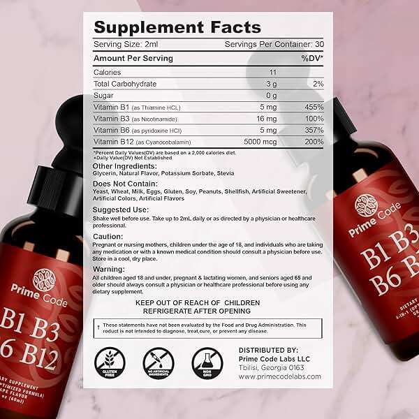 Prime Code Liquid Vitamin B1 Drops with Vitamin B3 B6 & B12 | B Complex Liquid Supplement | Thiamine Supplement for Adults | High Absorption | Immune Support | Non-GMO | Gluten-Free - Image 2