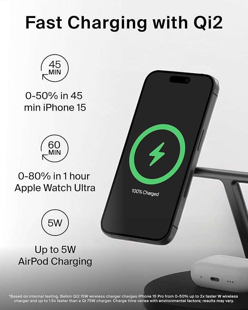 Belkin MagSafe-Compatible iPhone Charger, 3-in-1 Wireless Charging Station, Qi2-Certified 15W Wireless Charge for Apple iPhone 17 Series, Apple Watch, AirPods w/Non-Slip Base, 40W Included - Black - Image 4