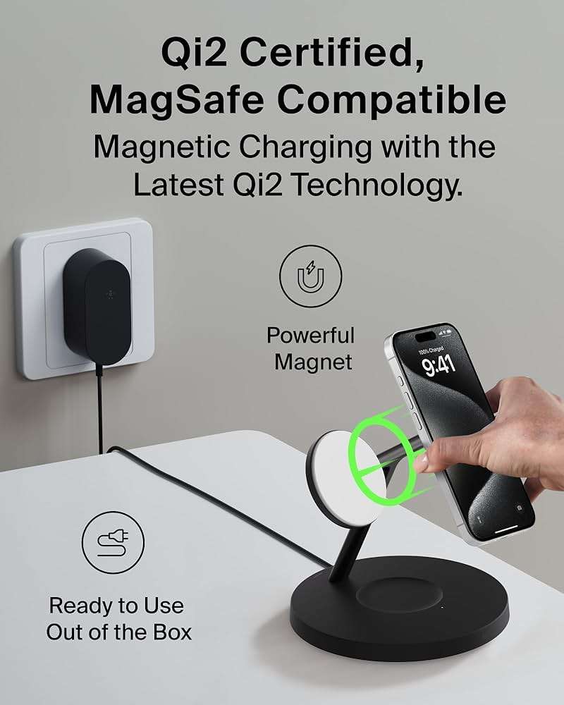 Belkin MagSafe-Compatible iPhone Charger, 3-in-1 Wireless Charging Station, Qi2-Certified 15W Wireless Charge for Apple iPhone 17 Series, Apple Watch, AirPods w/Non-Slip Base, 40W Included - Black - Image 6