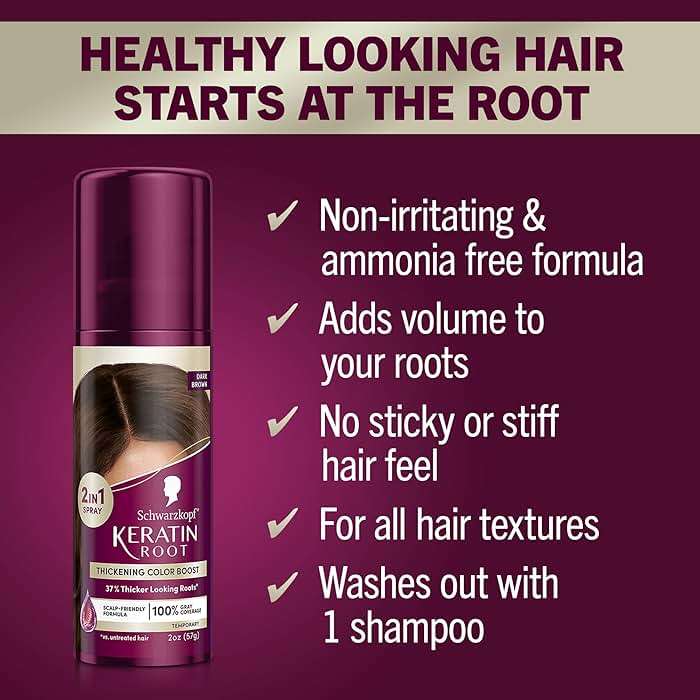 Schwarzkopf Keratin Root Temporary Hair Color Spray, Dark Brown, Instant Gray Coverage, Thicker, Fuller-Looking Roots, Easy-to-Use, No Ammonia, Low Mess Application, Scalp Friendly - Image 2