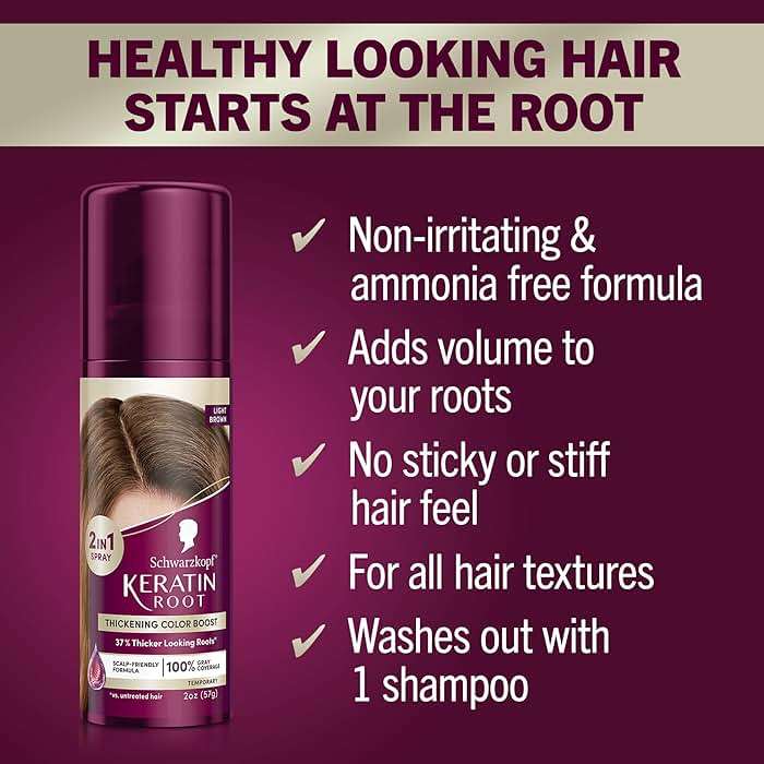 Schwarzkopf Keratin Root Temporary Hair Color Spray, Light Brown, Instant Gray Coverage, Thicker, Fuller-Looking Roots, Easy-to-Use, No Ammonia, Low Mess Application, Scalp Friendly - Image 2