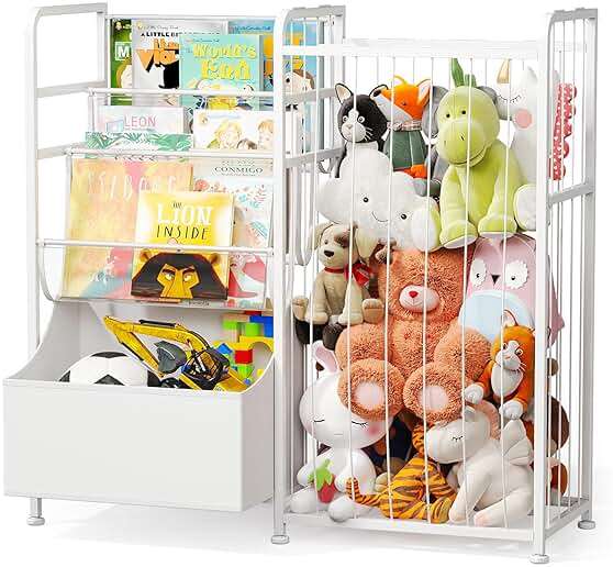 BBLIKE Kids Bookshelf and Stuffed Animal Storage - Multi-Function Nursery Book Shelves with Leather Toy Box and PVC Book Display, Toy Organizer for Playroom, Bedroom, Nursery, White - Image 1