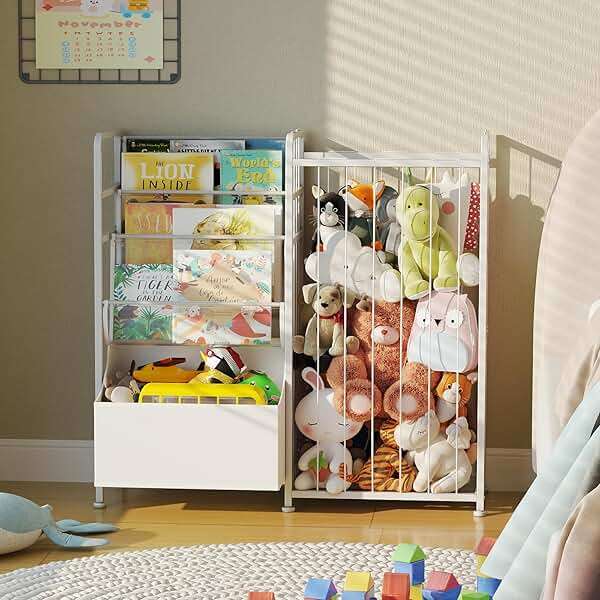 BBLIKE Kids Bookshelf and Stuffed Animal Storage - Multi-Function Nursery Book Shelves with Leather Toy Box and PVC Book Display, Toy Organizer for Playroom, Bedroom, Nursery, White - Image 2