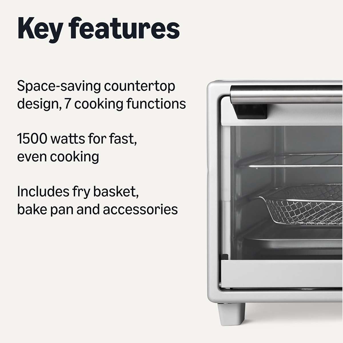 Amazon Basics 6-Slice 23-QT Toaster Oven with Built-In Air Fryer, 7-In-1 Cooking Options, 60-Min Timer & Adjustable Temperature (200°F - 450°F), With Accessories, 1500W, Stainless Steel, Silver/Gray - Image 3