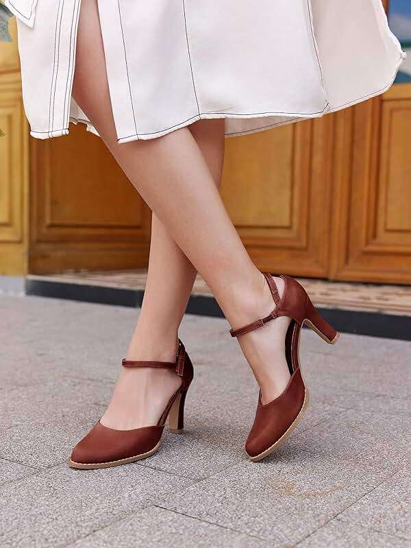 Coutgo Womens Chunky High Heels Closed Pointed Toe Ankle Strap Pumps Vintage D'Orsay Dress Party Shoes - Image 2