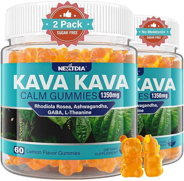 2Pack Kava Kava Gummies + Ashwagandha + L-Theanine + GABA + Rhodiola Rosea, Sugar Free Calm Gummies Melatonin-Free Kava Blend for Relaxation, Mood & Focus - Alternative to Kava Powder Capsules, Vegan - Image 1
