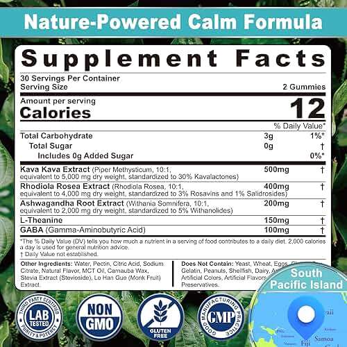 2Pack Kava Kava Gummies + Ashwagandha + L-Theanine + GABA + Rhodiola Rosea, Sugar Free Calm Gummies Melatonin-Free Kava Blend for Relaxation, Mood & Focus - Alternative to Kava Powder Capsules, Vegan - Image 2