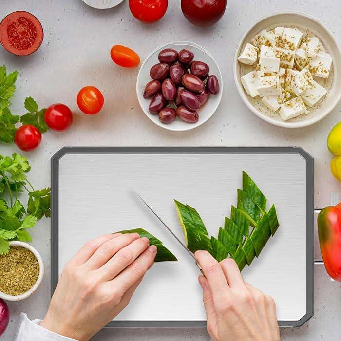 Stainless Steel Cutting Board, Double-Sided Cutting Boards, Large Cutting Boards for Kitchen,Food-Grade, Stainless Steel and Wheat Straw PP, Dishwasher Safe (Large) - Image 2
