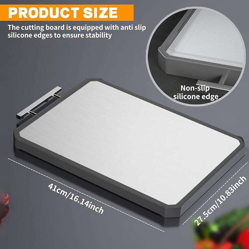 Stainless Steel Cutting Board, Double-Sided Cutting Boards, Large Cutting Boards for Kitchen,Food-Grade, Stainless Steel and Wheat Straw PP, Dishwasher Safe (Large) - Image 3