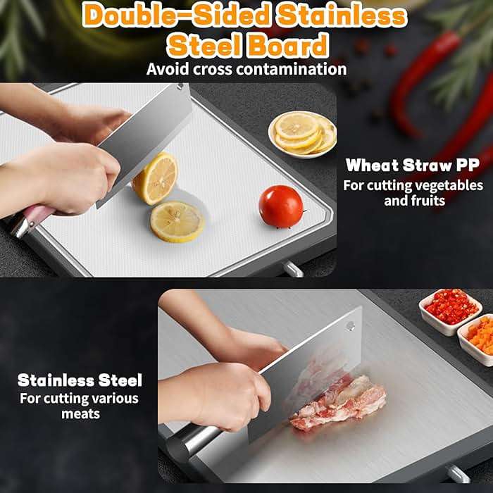 Stainless Steel Cutting Board, Double-Sided Cutting Boards, Large Cutting Boards for Kitchen,Food-Grade, Stainless Steel and Wheat Straw PP, Dishwasher Safe (Large) - Image 4