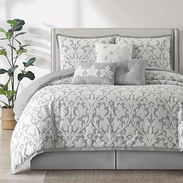 LANCO MODERN LIFESTYLE 7 Pieces Comforter Set, Queen, White Grey, Jacquard Floral Pattern and Classy Damask Medallion Design, Ultra Soft, Includes Bed Skirt, Shams, and Decorative Pillows - Image 1