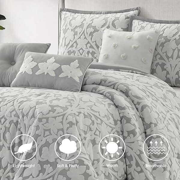 LANCO MODERN LIFESTYLE 7 Pieces Comforter Set, Queen, White Grey, Jacquard Floral Pattern and Classy Damask Medallion Design, Ultra Soft, Includes Bed Skirt, Shams, and Decorative Pillows - Image 2