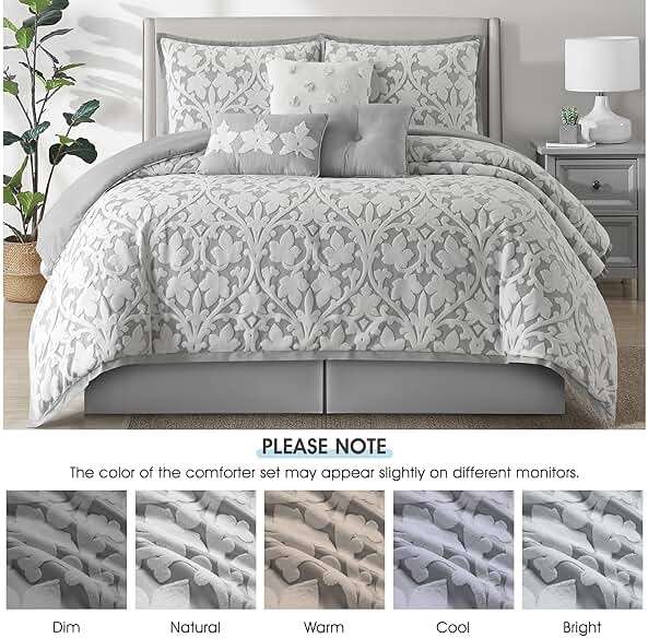 LANCO MODERN LIFESTYLE 7 Pieces Comforter Set, Queen, White Grey, Jacquard Floral Pattern and Classy Damask Medallion Design, Ultra Soft, Includes Bed Skirt, Shams, and Decorative Pillows - Image 3