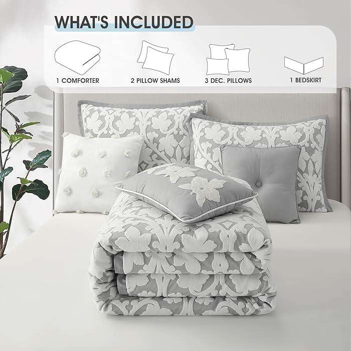 LANCO MODERN LIFESTYLE 7 Pieces Comforter Set, Queen, White Grey, Jacquard Floral Pattern and Classy Damask Medallion Design, Ultra Soft, Includes Bed Skirt, Shams, and Decorative Pillows - Image 4