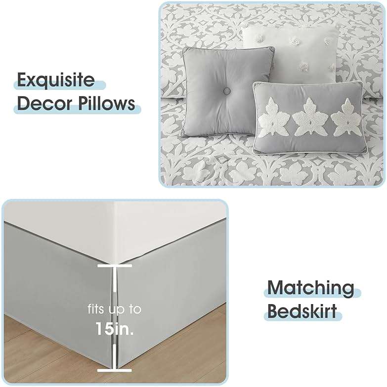 LANCO MODERN LIFESTYLE 7 Pieces Comforter Set, Queen, White Grey, Jacquard Floral Pattern and Classy Damask Medallion Design, Ultra Soft, Includes Bed Skirt, Shams, and Decorative Pillows - Image 5