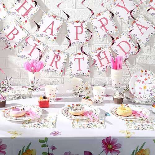 Teenyyou 148 Pcs Wildflower Party Decorations Flower Happy Birthday Baby Shower Banner Disposable Tablecloths Plates Cups Napkins Forks Spoons Floral Party Decor for Spring Birthday Decorations - Image 2
