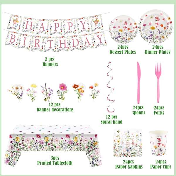 Teenyyou 148 Pcs Wildflower Party Decorations Flower Happy Birthday Baby Shower Banner Disposable Tablecloths Plates Cups Napkins Forks Spoons Floral Party Decor for Spring Birthday Decorations - Image 4