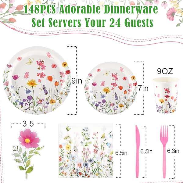 Teenyyou 148 Pcs Wildflower Party Decorations Flower Happy Birthday Baby Shower Banner Disposable Tablecloths Plates Cups Napkins Forks Spoons Floral Party Decor for Spring Birthday Decorations - Image 5