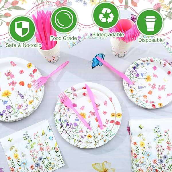 Teenyyou 148 Pcs Wildflower Party Decorations Flower Happy Birthday Baby Shower Banner Disposable Tablecloths Plates Cups Napkins Forks Spoons Floral Party Decor for Spring Birthday Decorations - Image 6