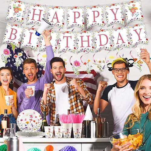Teenyyou 148 Pcs Wildflower Party Decorations Flower Happy Birthday Baby Shower Banner Disposable Tablecloths Plates Cups Napkins Forks Spoons Floral Party Decor for Spring Birthday Decorations - Image 7