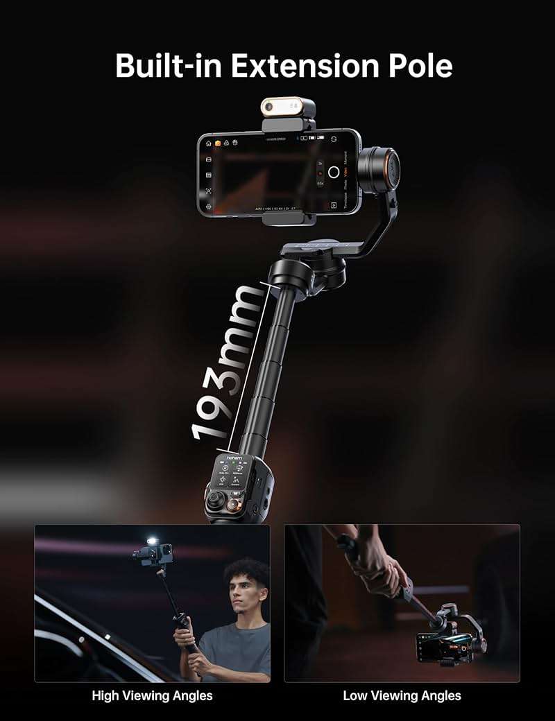 Hohem iSteady M7 Smartphone Gimbal Stabilizer, AI Tracking Sensor with Fill Light, 1.4" Full Color Detachable Touchscreen Remote Control, Built-in Extension Rod, 3-axis Phone Gimbal for iPhone Android - Image 4