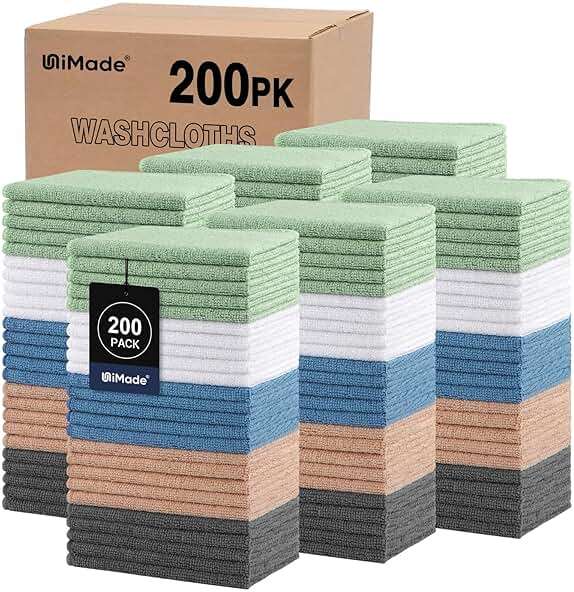 UNIMADE Washcloths Bulk 200 Pack Face Towels (12" x 12"), Highly Soft Wash Cloths and Hand Towels, Fast Drying Multi-Purpose Microfiber Cleansing Cloths for Bathroom, Hotel, Spa, and Salon -Multicolor - Image 1