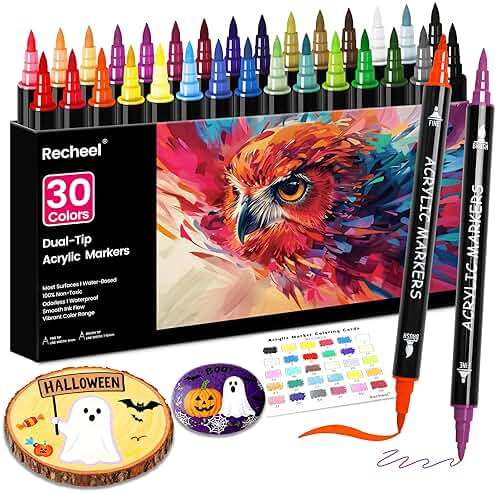 Recheel 30 Colors Acrylic Paint Markers, Dual Tip Fine and Brush Tips for Detailed Art, Crafting, Rock Painting, Wood, Glass, Ceramic, and More - Image 1