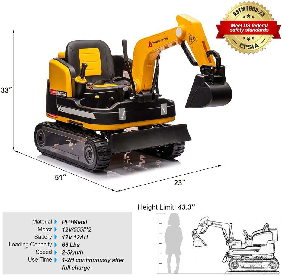 JOYLDIAS 360 Degree Rotating Ride On Excavator and Bulldozer,12V12AH Battery Powered Ride On Toy Backhoe W/Track Design Wheels for All Terrain,Remote Control,MP3,Toolbox for Kids,Parent,Yellow - Image 2
