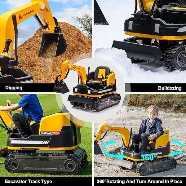 JOYLDIAS 360 Degree Rotating Ride On Excavator and Bulldozer,12V12AH Battery Powered Ride On Toy Backhoe W/Track Design Wheels for All Terrain,Remote Control,MP3,Toolbox for Kids,Parent,Yellow - Image 3