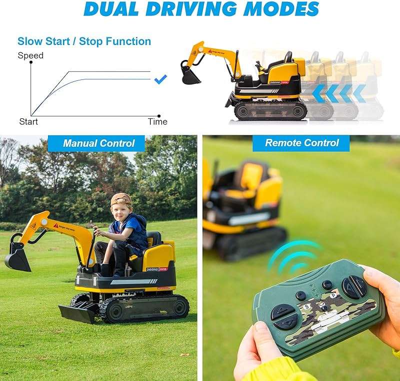 JOYLDIAS 360 Degree Rotating Ride On Excavator and Bulldozer,12V12AH Battery Powered Ride On Toy Backhoe W/Track Design Wheels for All Terrain,Remote Control,MP3,Toolbox for Kids,Parent,Yellow - Image 4