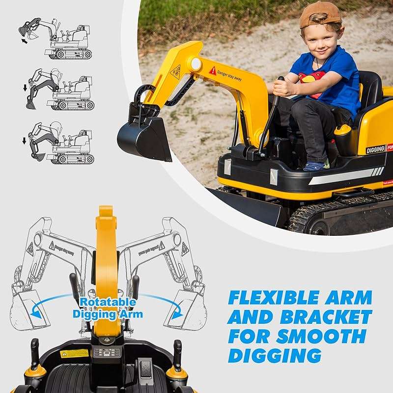 JOYLDIAS 360 Degree Rotating Ride On Excavator and Bulldozer,12V12AH Battery Powered Ride On Toy Backhoe W/Track Design Wheels for All Terrain,Remote Control,MP3,Toolbox for Kids,Parent,Yellow - Image 5