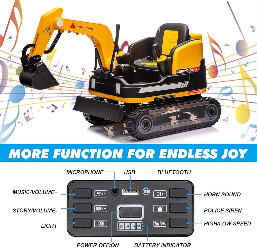 JOYLDIAS 360 Degree Rotating Ride On Excavator and Bulldozer,12V12AH Battery Powered Ride On Toy Backhoe W/Track Design Wheels for All Terrain,Remote Control,MP3,Toolbox for Kids,Parent,Yellow - Image 6