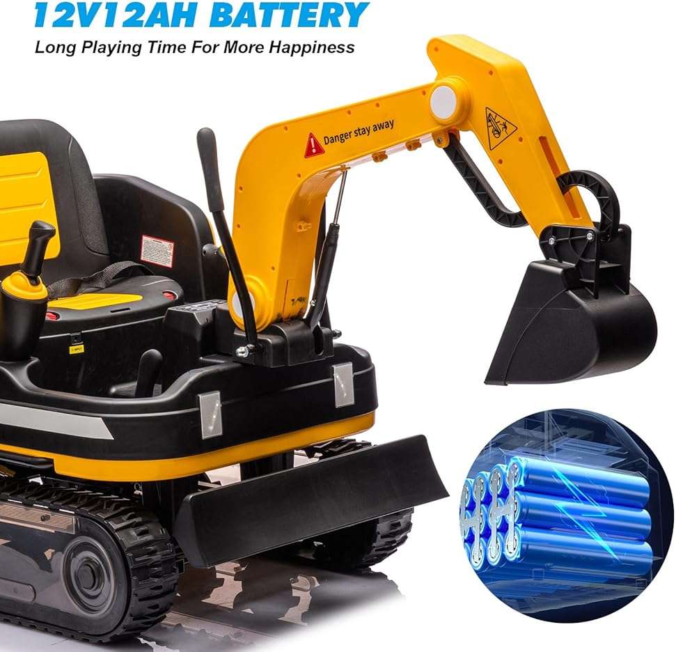 JOYLDIAS 360 Degree Rotating Ride On Excavator and Bulldozer,12V12AH Battery Powered Ride On Toy Backhoe W/Track Design Wheels for All Terrain,Remote Control,MP3,Toolbox for Kids,Parent,Yellow - Image 7
