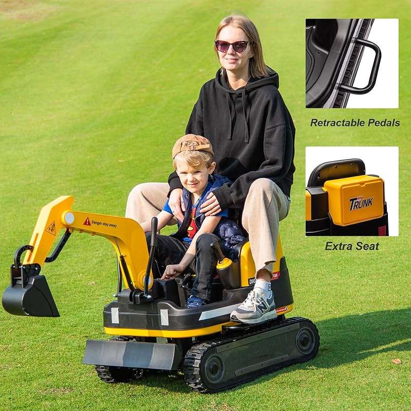 JOYLDIAS 360 Degree Rotating Ride On Excavator and Bulldozer,12V12AH Battery Powered Ride On Toy Backhoe W/Track Design Wheels for All Terrain,Remote Control,MP3,Toolbox for Kids,Parent,Yellow - Image 9
