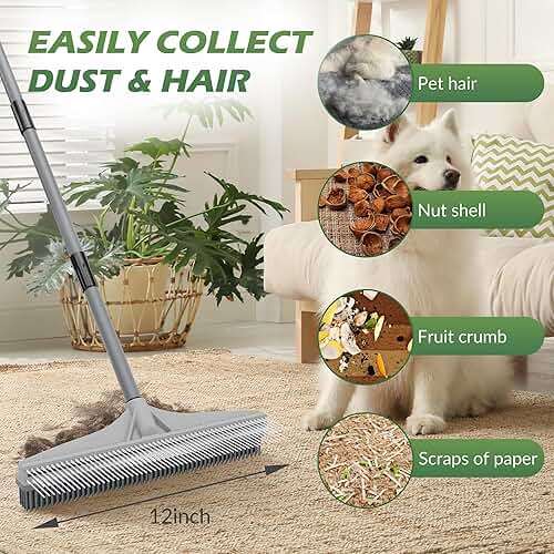 Walensee Carpet Rake for Pet Hair Removal, 2 in 1 Rug Rake to Fluff Carpet with Nylon Groomer Brush, Adjustable Long Handle for Shag Rugs, Stairs, Mats and Floors, Rubber Broom - Image 4