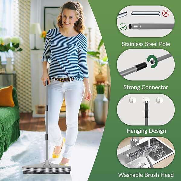 Walensee Carpet Rake for Pet Hair Removal, 2 in 1 Rug Rake to Fluff Carpet with Nylon Groomer Brush, Adjustable Long Handle for Shag Rugs, Stairs, Mats and Floors, Rubber Broom - Image 6