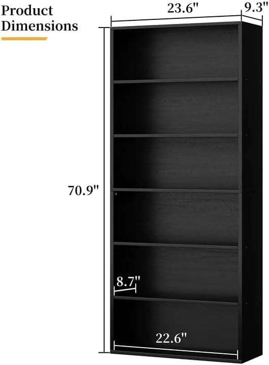 Shintenchi Bookshelf,6-Tier Open Bookcase and Bookshelves,6 Shelf Display Storage Shelves Floor Standing 70.6 inches Tall Bookcase for Home Office, Living Room (Black) - Image 3
