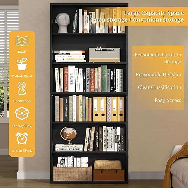 Shintenchi Bookshelf,6-Tier Open Bookcase and Bookshelves,6 Shelf Display Storage Shelves Floor Standing 70.6 inches Tall Bookcase for Home Office, Living Room (Black) - Image 5