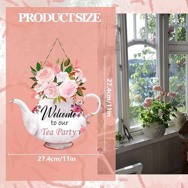 CANIPHA Tea Party Decorations Door Sign, Colorful TeaPot-Shaped Tea Party Decor Hanging Door Plaque Floral Themed Welcome Sign for Party, Tea Party Decors for Women Home Front Door Tea Party Supplies - Image 3