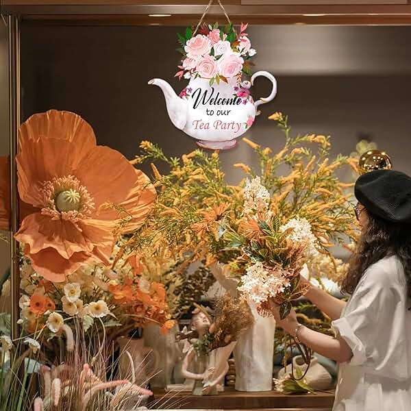 CANIPHA Tea Party Decorations Door Sign, Colorful TeaPot-Shaped Tea Party Decor Hanging Door Plaque Floral Themed Welcome Sign for Party, Tea Party Decors for Women Home Front Door Tea Party Supplies - Image 5