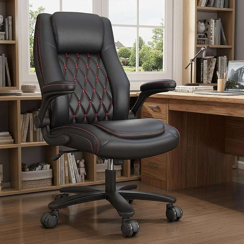 lavimiya Executive Office Chair with Rubber Wheels, Big and Tall Office Chair 400LBS, High Back Leather Computer Desk Chair with Flip-up Armrests and Lumbar Support, Black - Image 1