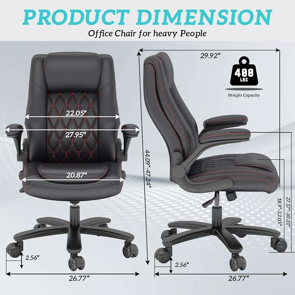lavimiya Executive Office Chair with Rubber Wheels, Big and Tall Office Chair 400LBS, High Back Leather Computer Desk Chair with Flip-up Armrests and Lumbar Support, Black - Image 2
